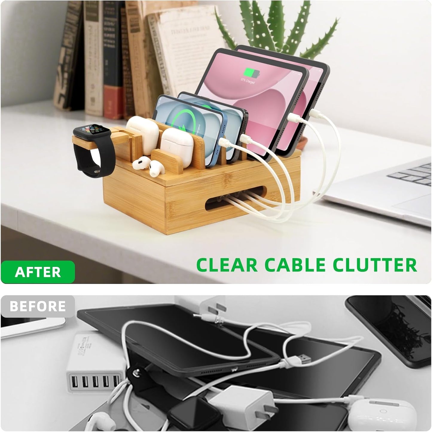 Bamboo Charging Station for Multiple Devices, Desk Wood Docking Station for Phones, Tablets, Watch, Earbuds, Charger Organizer Included 6 Cables & 5-Port USB Charger