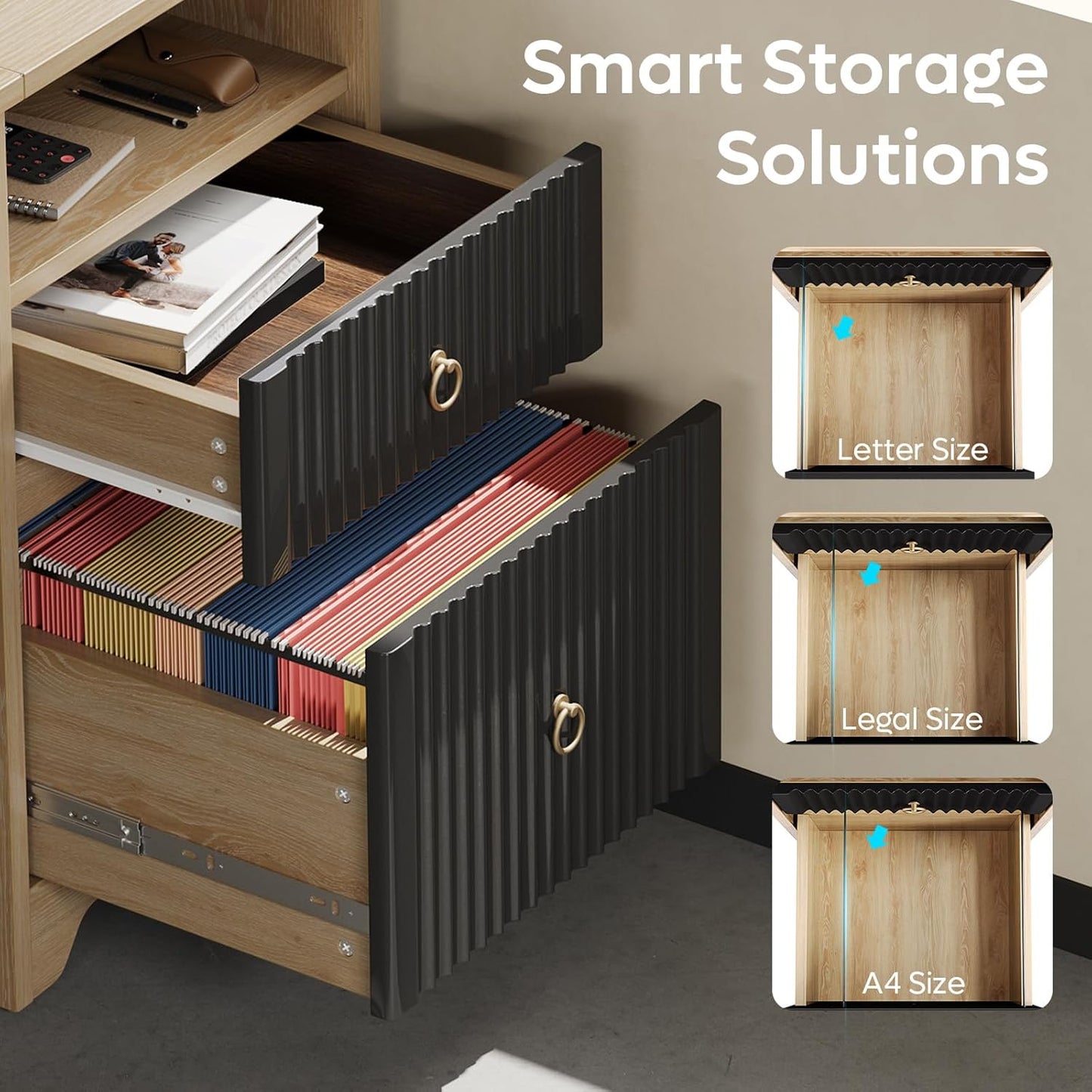 Bestier 55 Inch Computer Desk with Keyboard Tray, Modern Office Desk with Storage, Wood Writing Desk with File Drawer, Fluted Panel & 2 Hooks for Home Office & Studio, Natural Oak