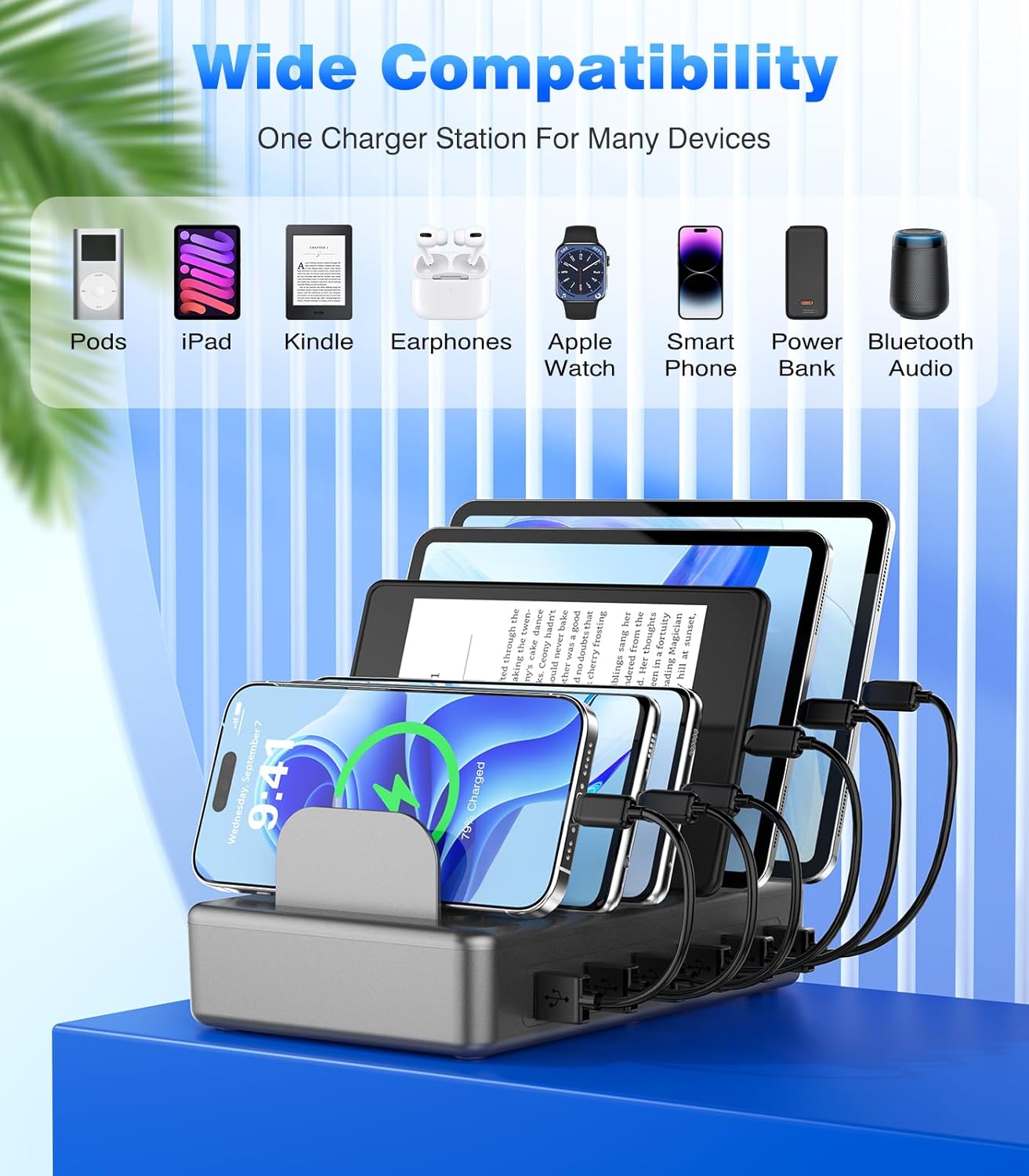 CREATIVE DESIGN 50W Charging Station for Multiple Devices,6 Port Multiple USB Charger Station with 6 Cables Compatible with iPhone,iPad Kindle Tablet and Other Electronic（Space Gray