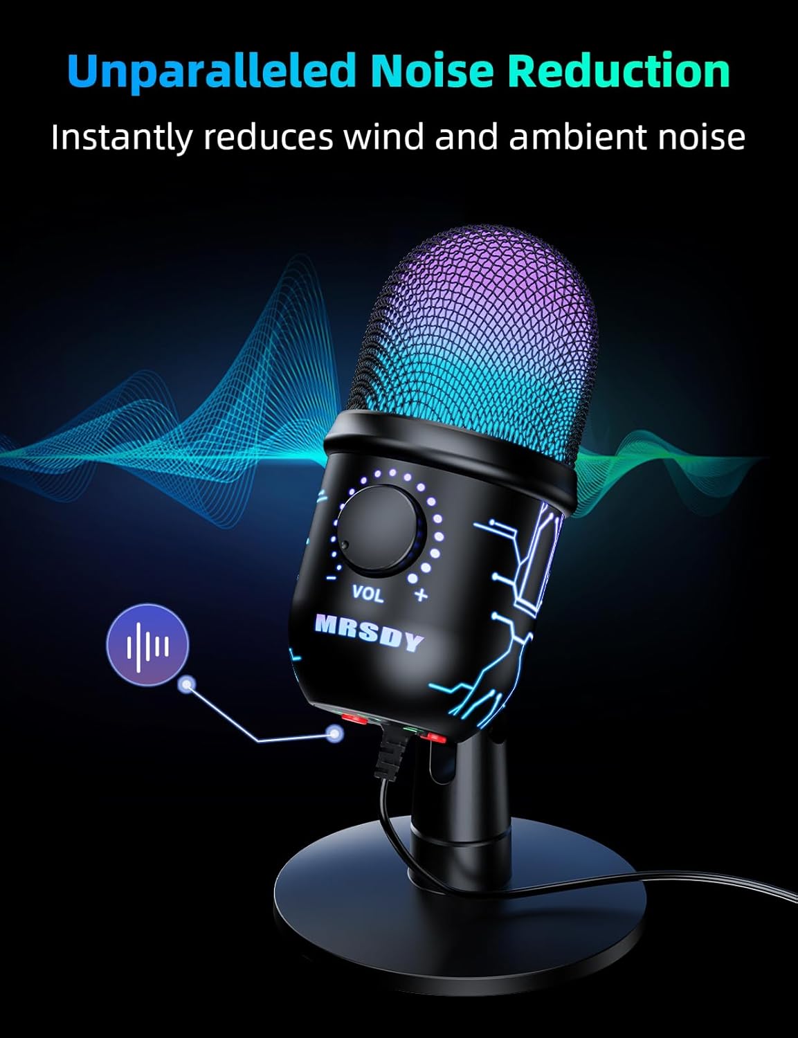 Gaming Microphone, USB Computer Microphone for PC, Mac, PS4/5, Condenser Podcast Mic for Studio Recording, YouTube, Streaming, with Headphone Jack, Led Light, Mute, Gain, Noise Cancellation