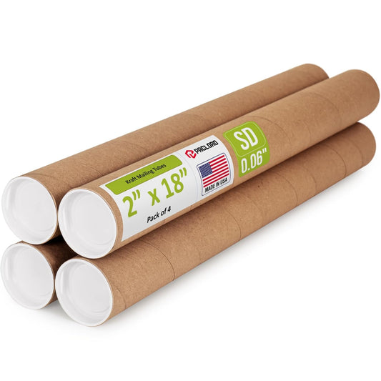 2" x 18" Reinforced Kraft Paper Mailing Tube, Pack of 4 Tubes with 8 Caps – Secure USPS Approved Poster Tube – Cardboard Tube for Shipping and Storing Posters, Prints, Artwork, or Documents