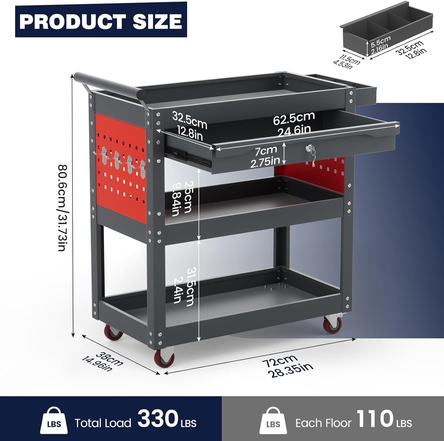 ALANNG 330 LBS Rolling Tool Cart with 1 Drawer & 3 Shelves | Heavy Duty Mechanic Cart Includes 7 Hooks, 2 Pegboards & Screw Organizer | Metal Service Cart for Garage Workshop (Grey, 1 Pack)