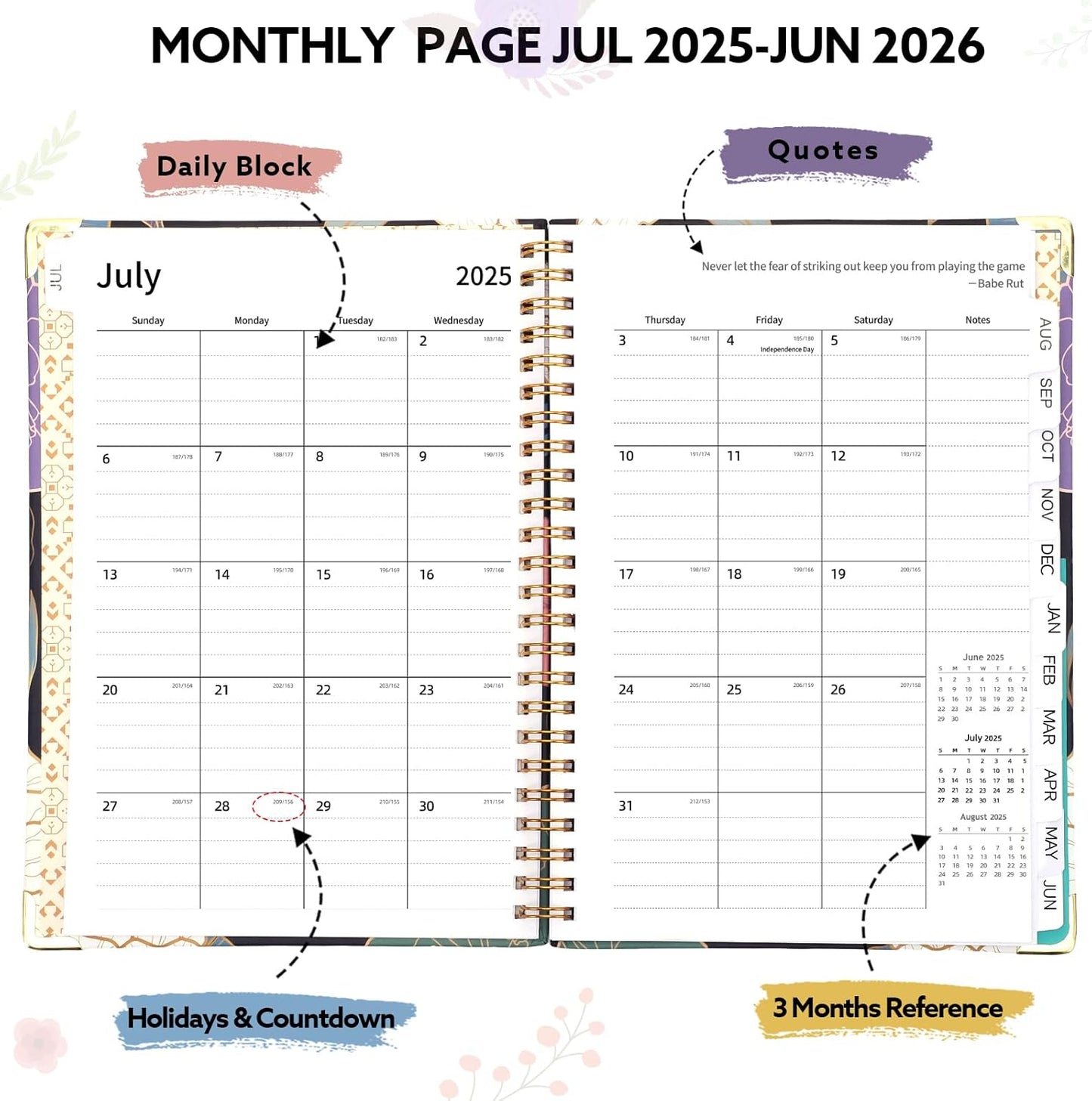 2025-2026 Academic Planner, A5 (6.5" x 8.5") Weekly and Monthly Planner, July 2025 - June 2026, Calendar Planner with Tabs, Inner Pocket for Home School Office Supplies, Blue Flower
