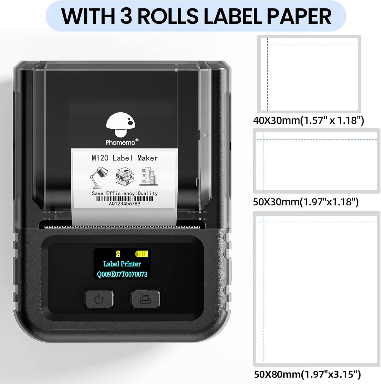 Phomemo Label Maker, 2 Inch Bluetooth Themal Label Printer with 3 Rolls Thermal Paper(4030/5030/5080mm), Inkless Labeler for Home, Bussiness, School, Office, Address, Sticker Printer for Phone & PC