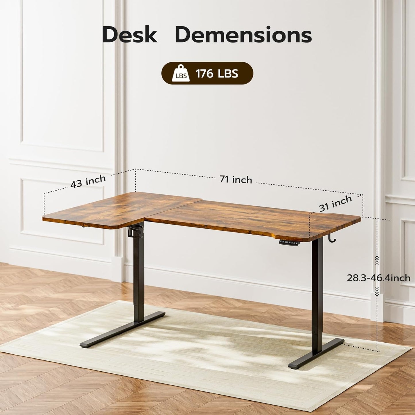 71 Inch L Shaped Standing Desk Adjustable Height, Electric Corner Standing Desk, Sit Stand Computer Table with Reversiable Splice Board, Rustic Brown