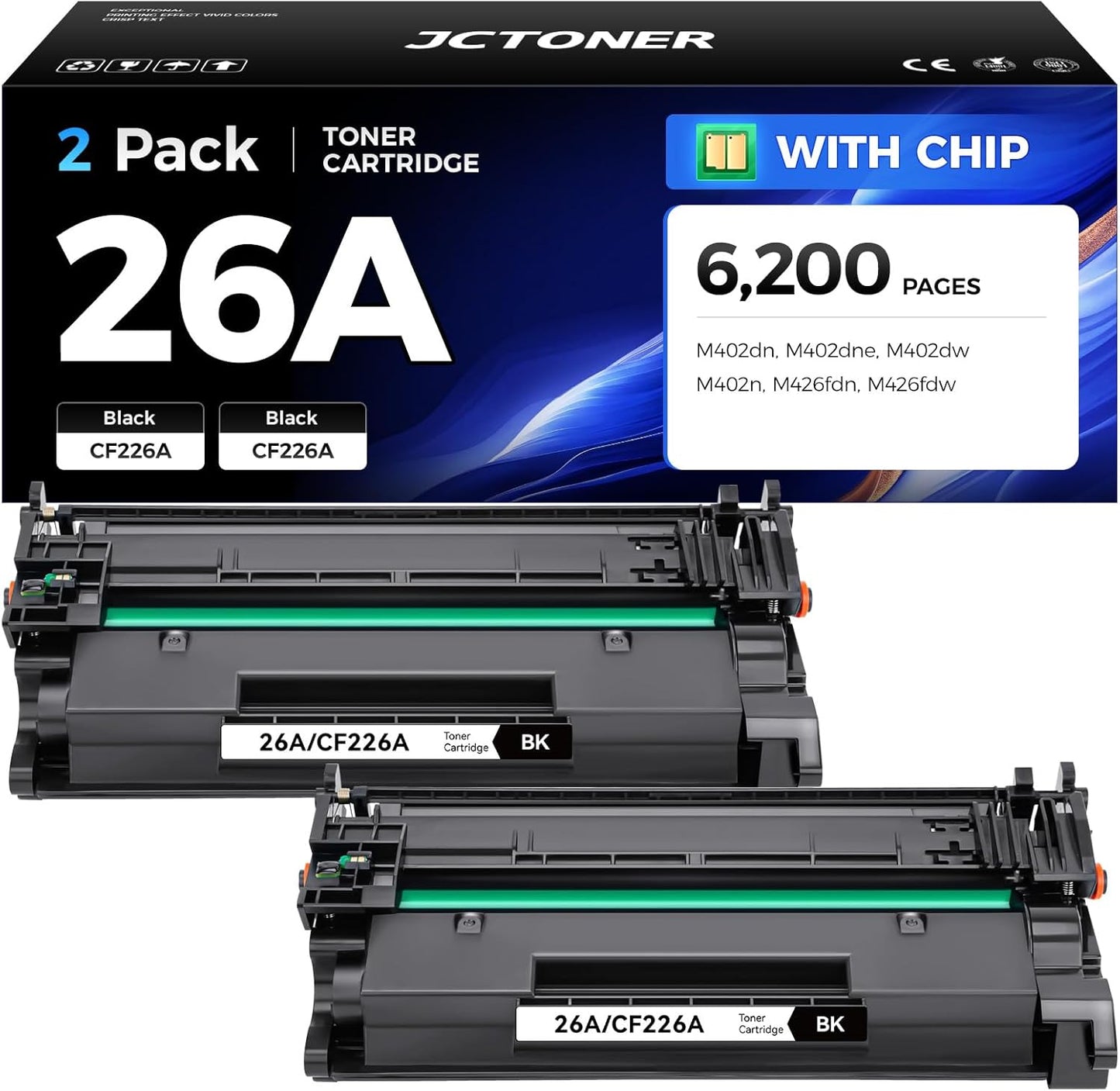 26A Black Toner Cartridge 2-Pack with chip High Yield Replacement for HP 26A CF226A Compatible with HP Laserjet Pro MFP M426fdn M426fdw M402dn M402dne M402dw M402n Printer M426 M402 Series Ink Copy