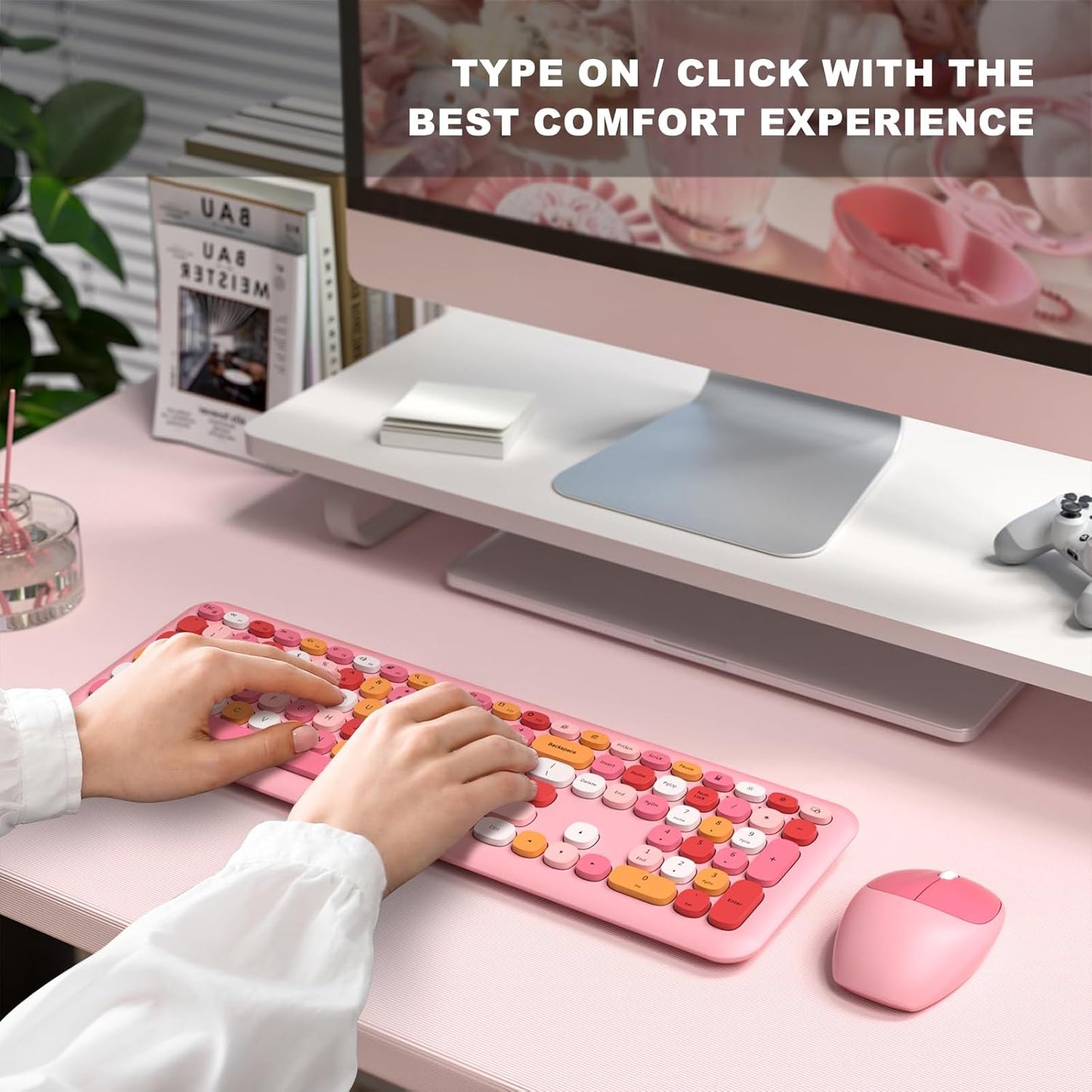 MOFII Wireless Keyboard and Mouse, Ergonomic Full Size Keyboard and Mouse Combo for Mac, Windows 7/8/10, Laptop, Desktop, PC, Computer (Pink Colorful)