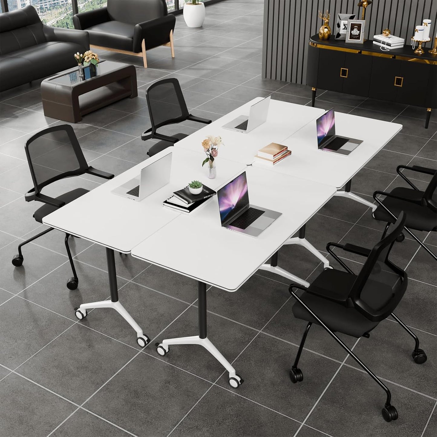 Folding Conference Table, Modern Conference Room Tables with Flip-Top Design, Foldable Conference Table Meeting Table with Wheels, Mobile Seminar Training Tables for Office Classroom (2, White 2)