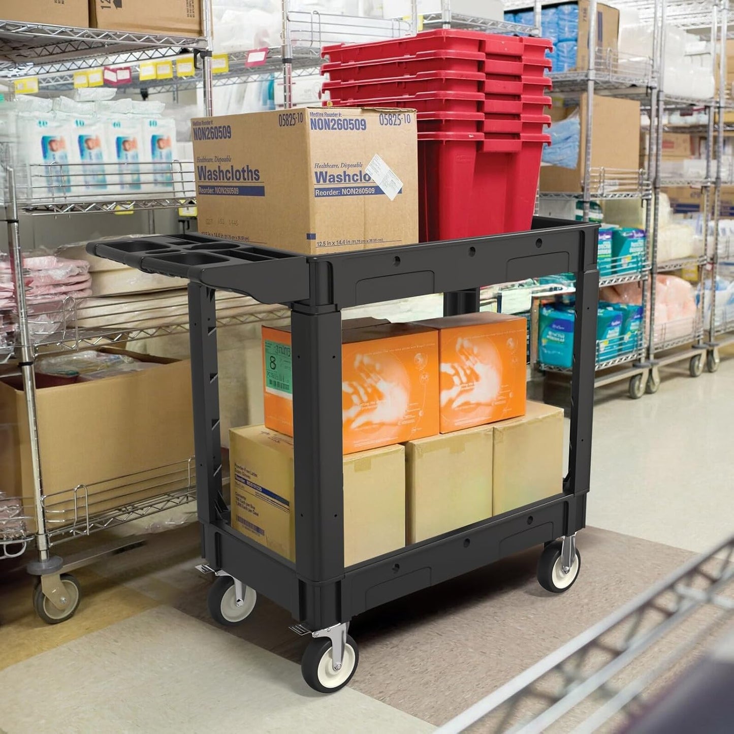 2 Shelf Heavy Duty Plastic Utility Cart, Service Cart Tub Storage W/Deep Shelve Holds up to 1000 lbs, Rolling Utility Cart with 360°Swivel Wheels, Work Cart for Warehouse, Garage, Cleaning