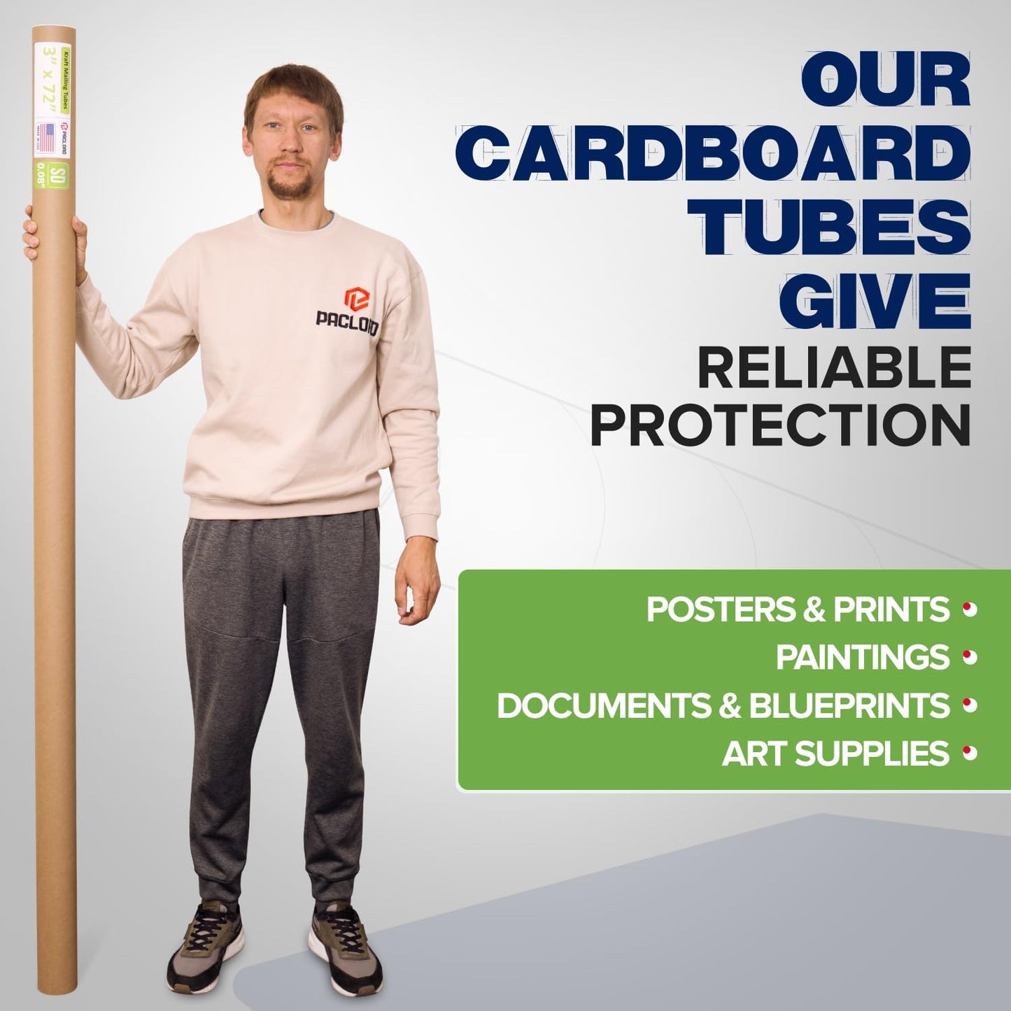 3" x 72" Reinforced Kraft Paper Mailing Tube, Pack of 4 Tubes with 8 Caps – Secure USPS Approved Poster Tube – Cardboard Tube for Shipping and Storing Posters, Prints, Artwork, or Documents