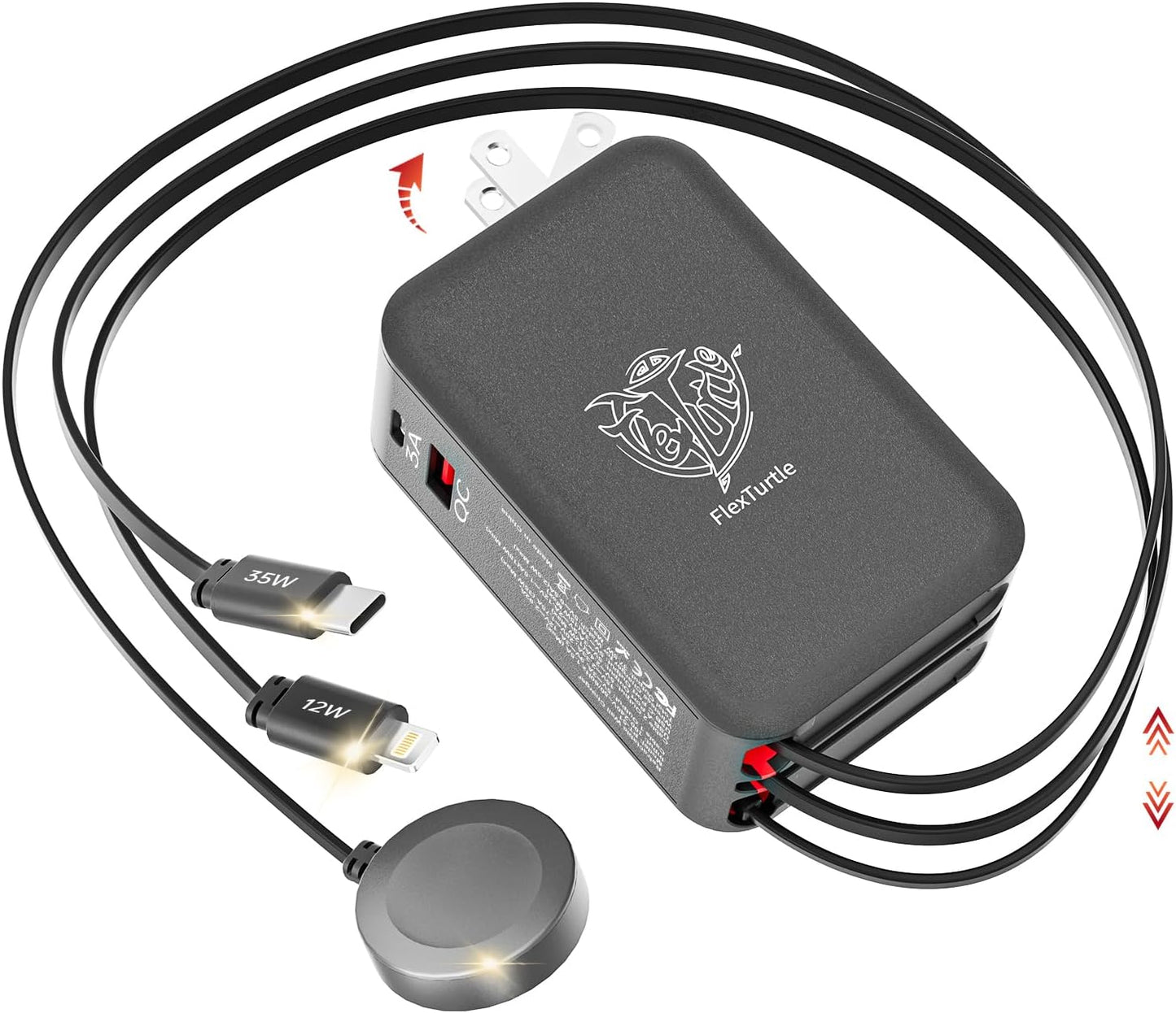 Apple Watch Charger Travel Essentials, 5 in 1 Travel Charging Station for Apple Devices, Retractable Wall Charger with 3 * 3.2ft Retractable Cables, Fast Charger Block for Apple Gear, Grey