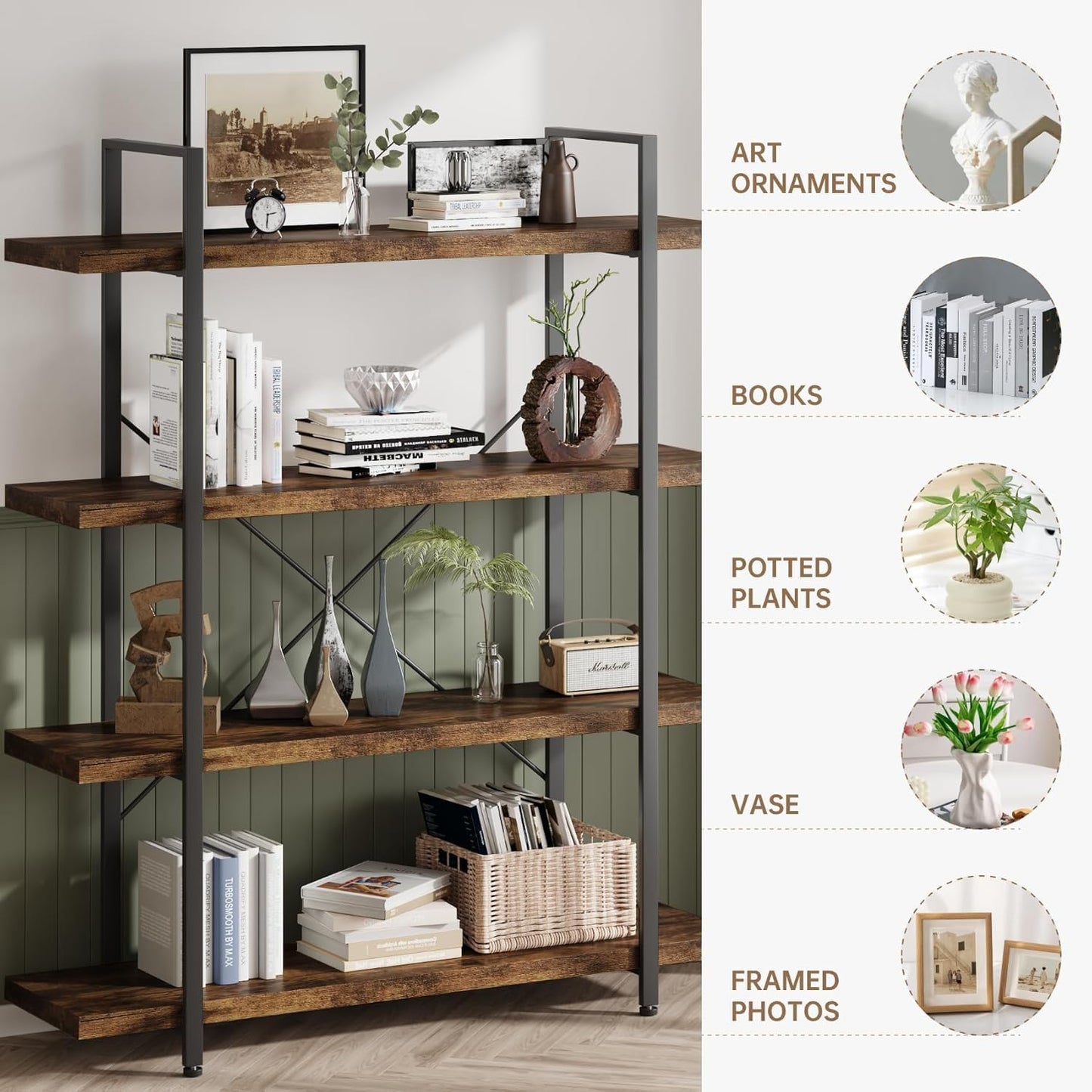 Heavy Duty 4-Tier Industrial Bookcase, 47" Wide Wood Bookshelf for Home Office, 120lbs Shelf Capacity, Rustic Open Shelving Display with Reinforced Horizontal Shelf for Living Room Bedroom