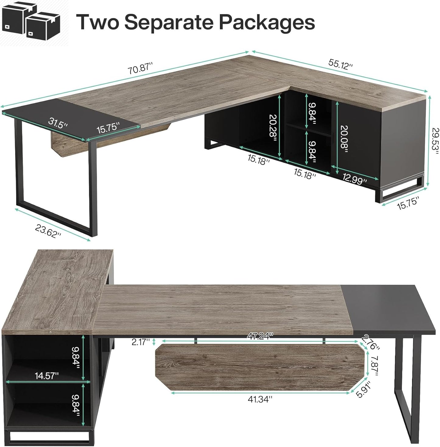 Tribesigns 70.8" Executive Desk with 55" File Cabinet, Industrial L Shaped Computer Desk with Storage Shelves and Cabinet, Large L Shaped Executive Desk for Home Office, Retro Gray & Black