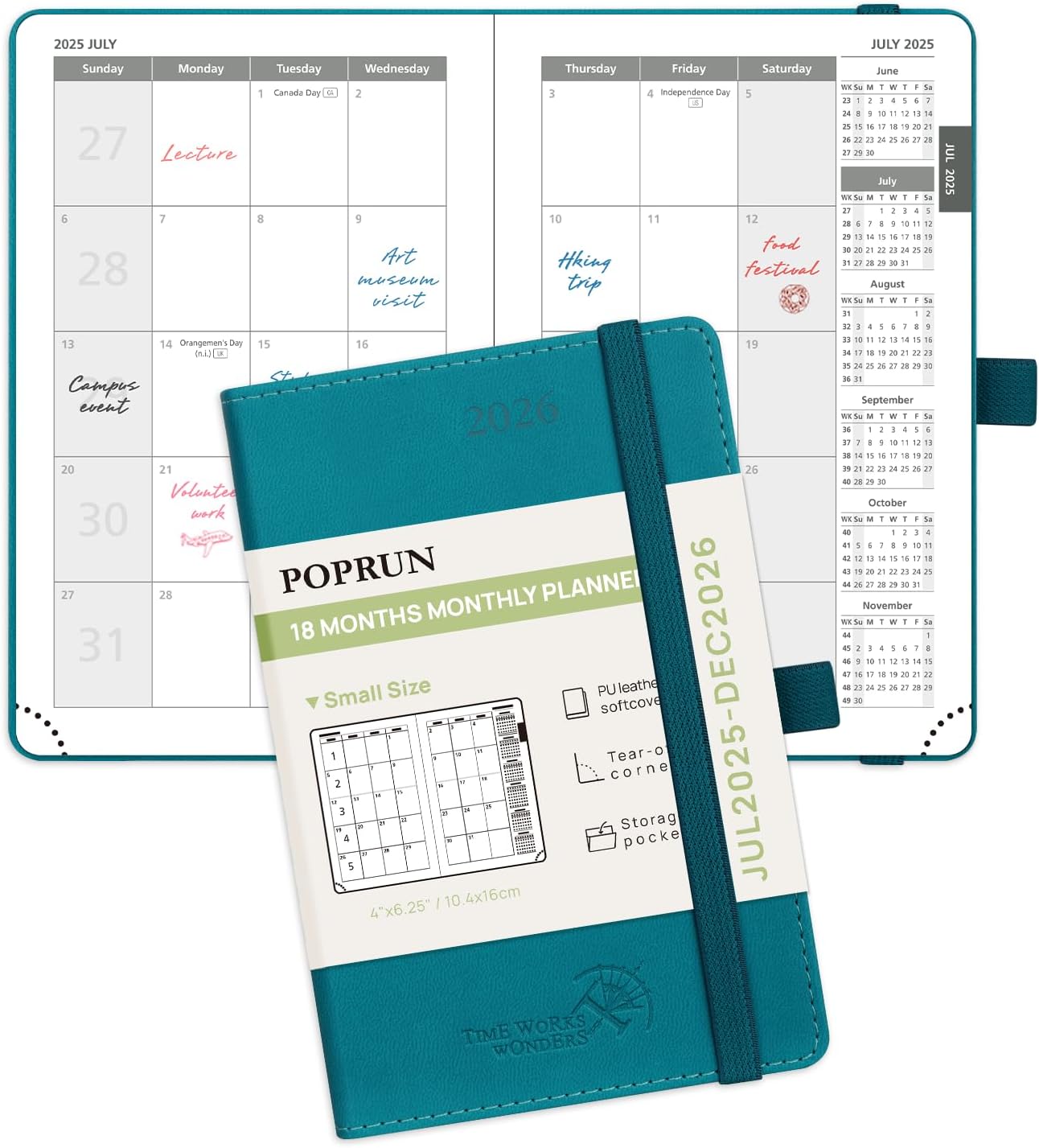 POPRUN Pocket Monthly Planner 2025-2026 (Pocket- 4''x 6.25''Soft Leather Cover) - 18 Month Calendar Book for Purse (Jul.2025-Dec.2026), 100 GSM Thick Paper - Pacific Green