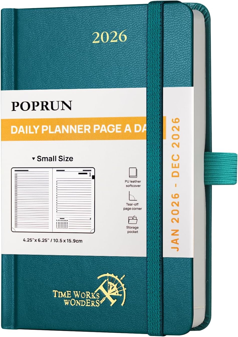 POPRUN 2026 Daily Planner One Page Per Day A6 Size Calendar (4.25" x 6.25") - 12 Months Hourly Appointment Book with Hardcover, Monthly Tabs, Pocket, Pen Holder - Pacific Green