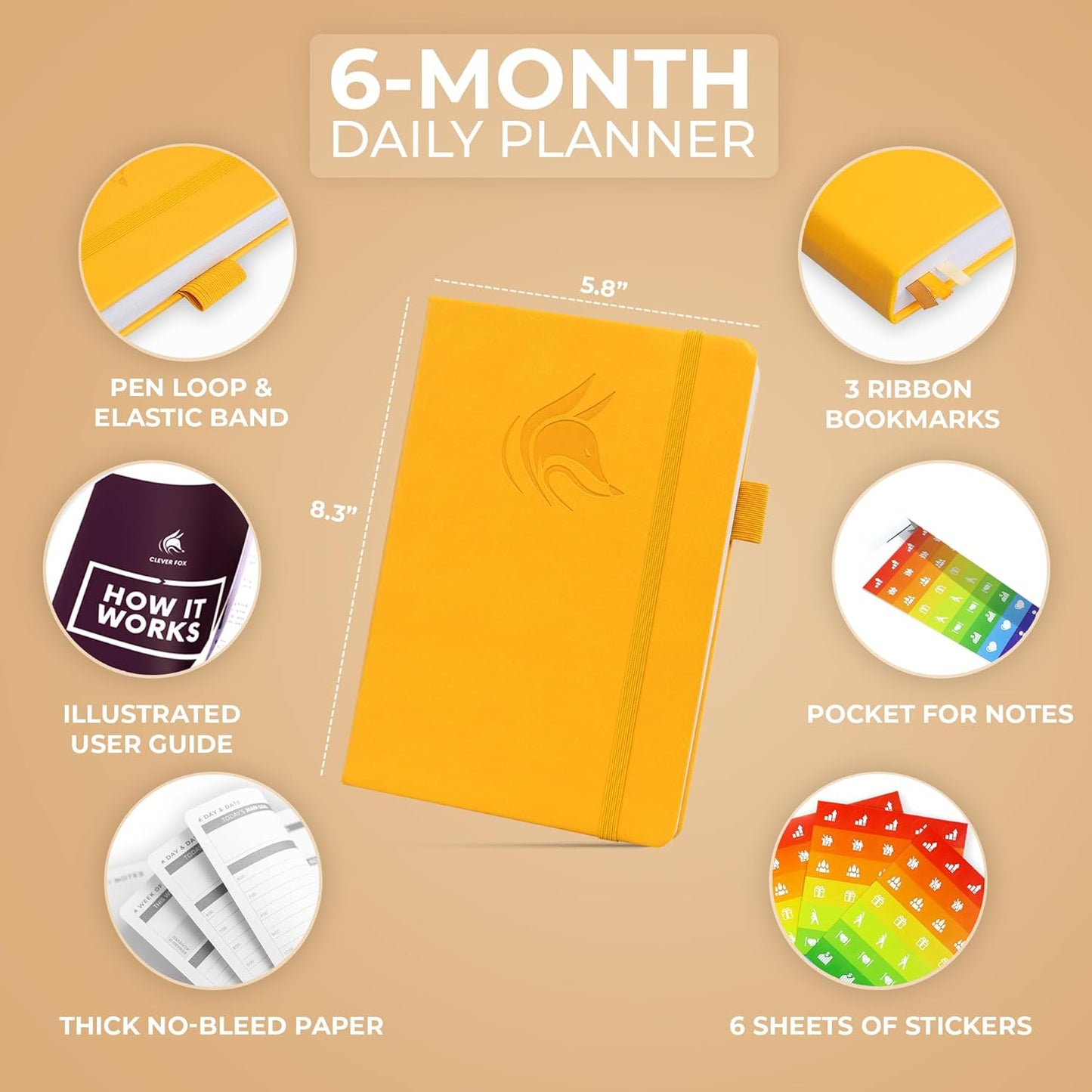 Clever Fox Daily Planner – Undated Planning Notebook with Hourly Schedule & To-Do List – Personal Day Task & Work Organizer, 6 Months (Amber Yellow)