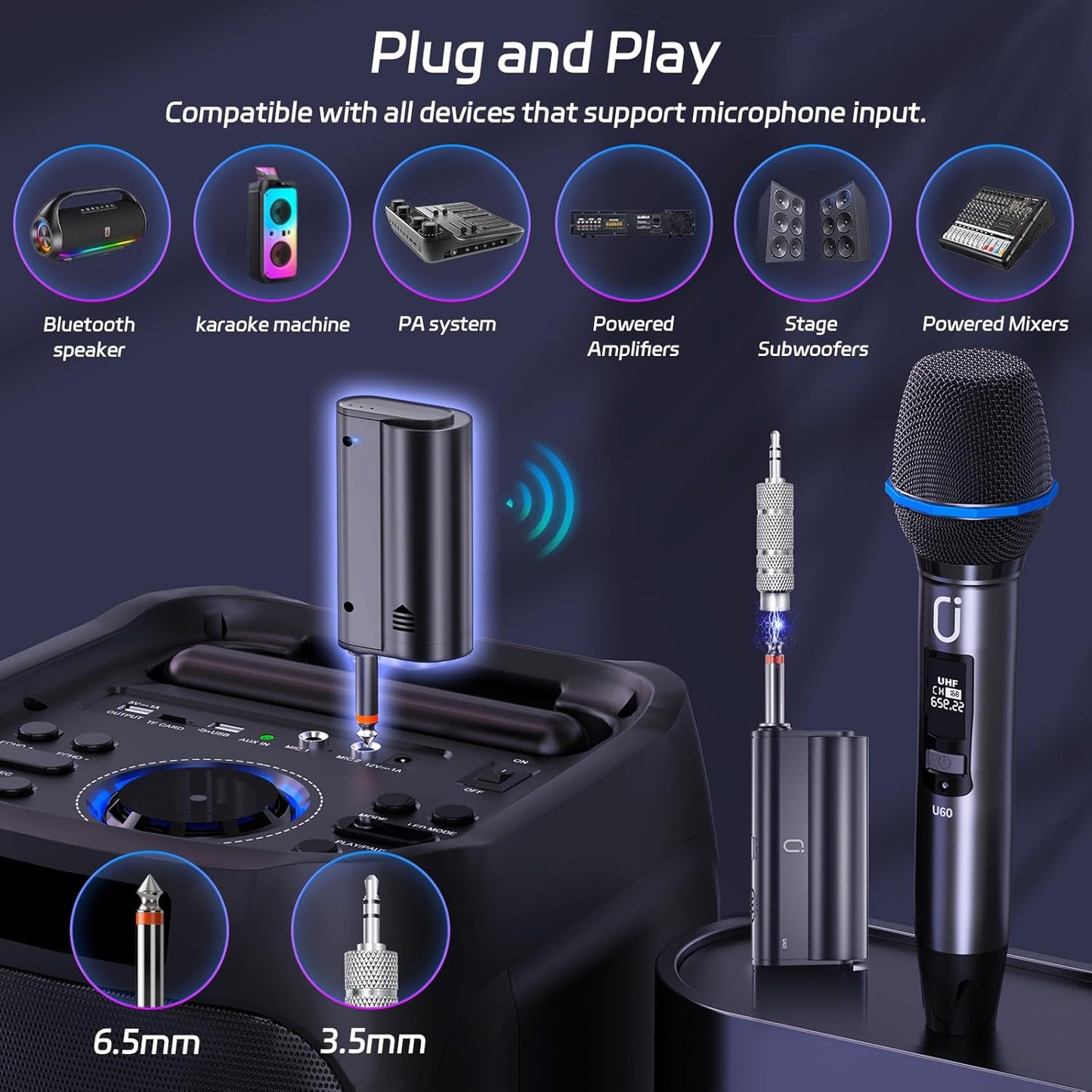 Wireless Microphones for Karaoke: Dual Professional Karaoke Microphone for Singing, Rechargeable Dynamic UHF Mic System with Receiver for Church, Party, Meeting, Speech, PA System, Plug and Play