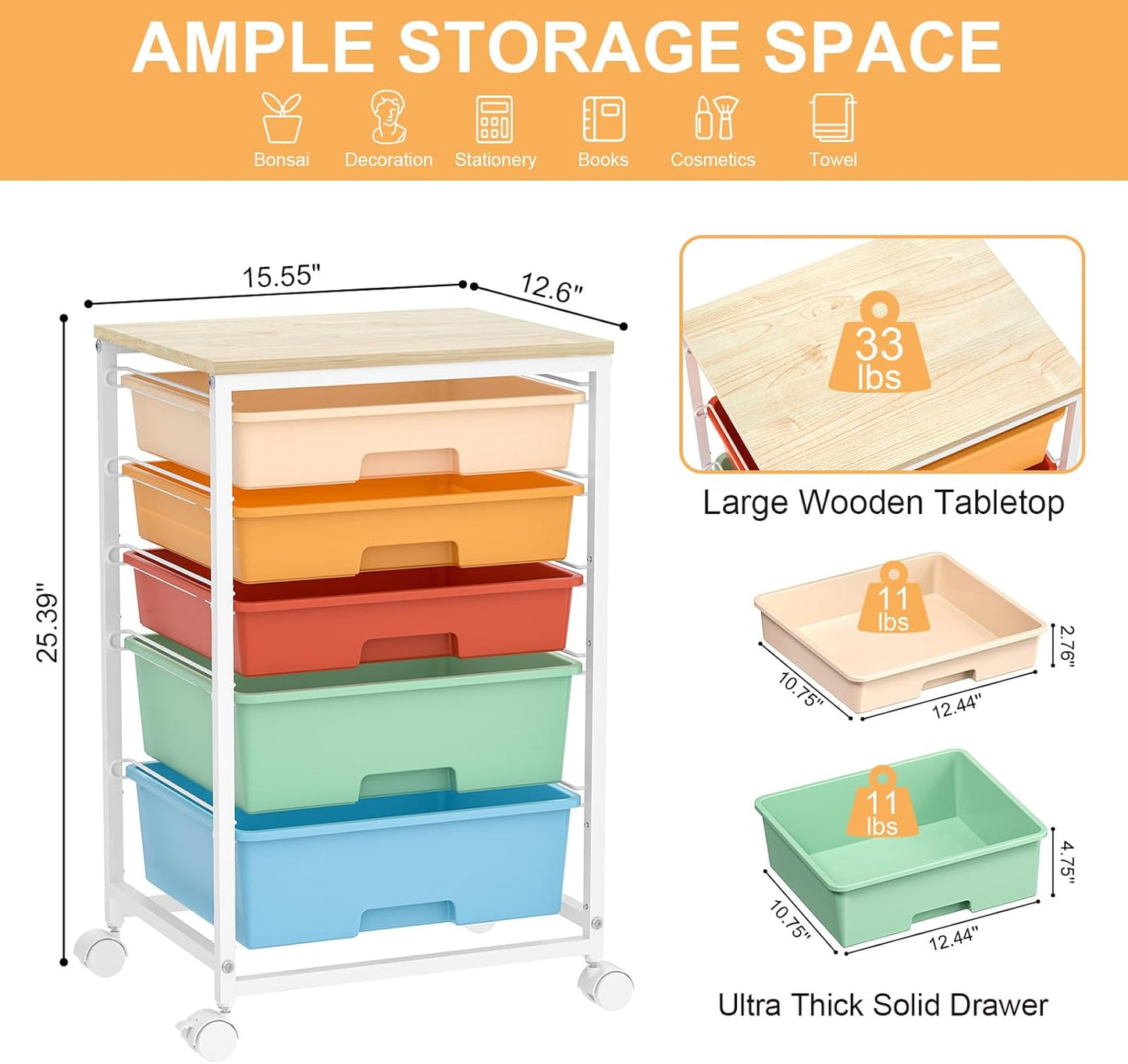 Craft cart,Rolling Cart with Drawers,Storage Cart with 5 Drawers and Wooden Tabletop for Under Desk Organizers and Storage,Macaron