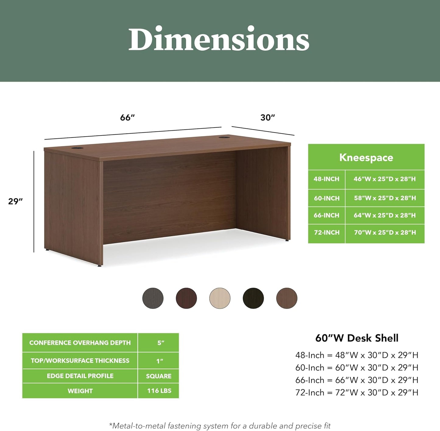 HON MOD Executive Desk 66-Inch Large Computer Desk Shell, Thick Wooden Laminate, Modern Table with Cord Management, 66" W x 30" D x 29" H, Walnut