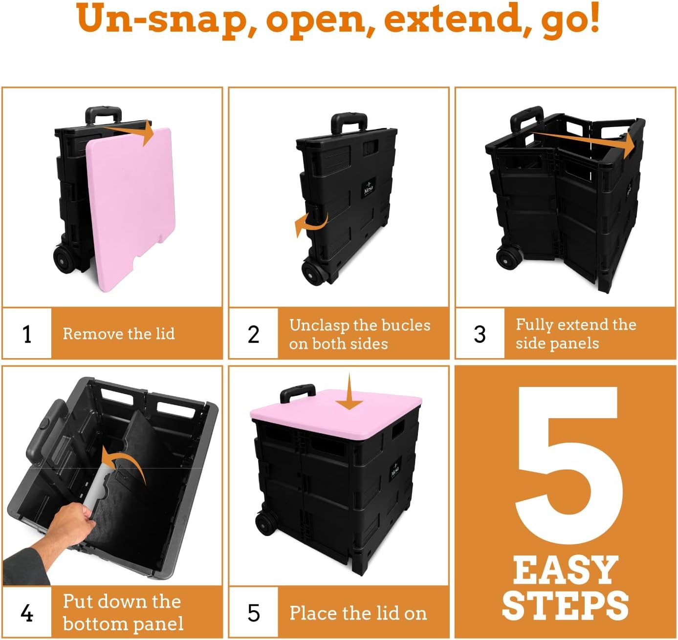 Inspired Living Collapsible Ultra-Slim Pack-N-Roll,2 Wheel Utility Cart w/Lid Used as Seat up to 250 Lbs, Telescopic Handle, Super Strong, for Home,Garden,Shopping,Office,School, Large, Pink & Black