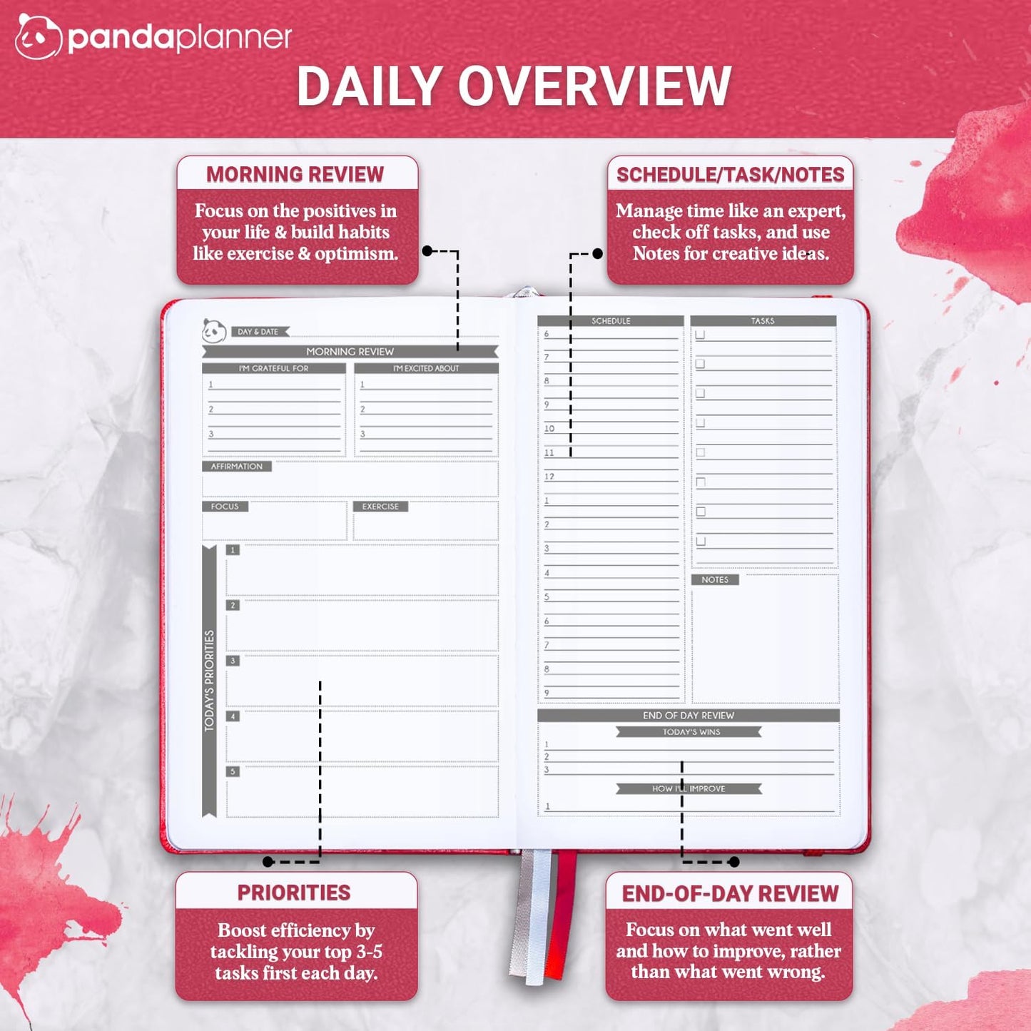 Panda Planner Classic Daily Planner 2025-2026 – Undated Productivity Planner & Hourly Schedule Notebook – Day Planner for Focus, Goals & Organization – Raspberry
