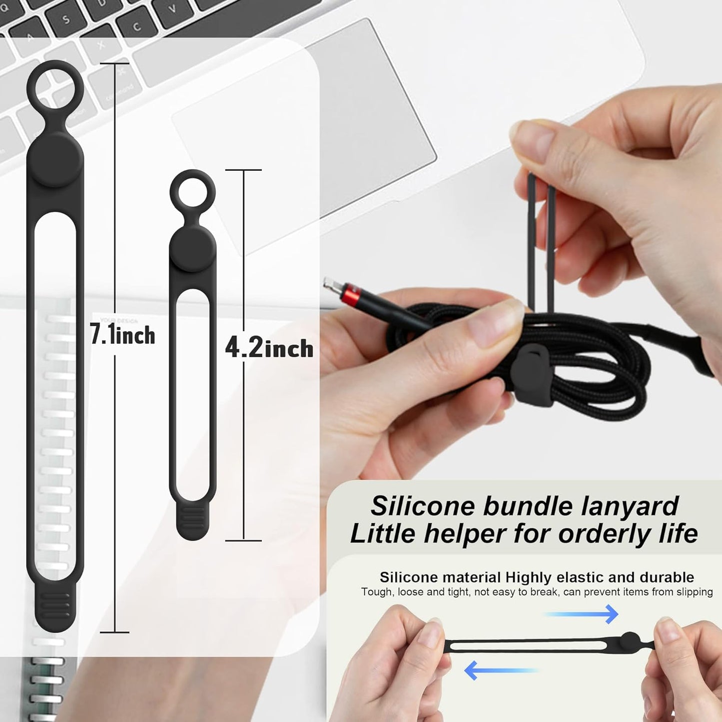 Nearockle Silicone Cable Ties Cord Organizer for Cable Management, 16PCS 4.2" and 7.1" Reusable Cable Organizer Electronic Accessories for Home, Office, Kitchen, School, Travel (Black)