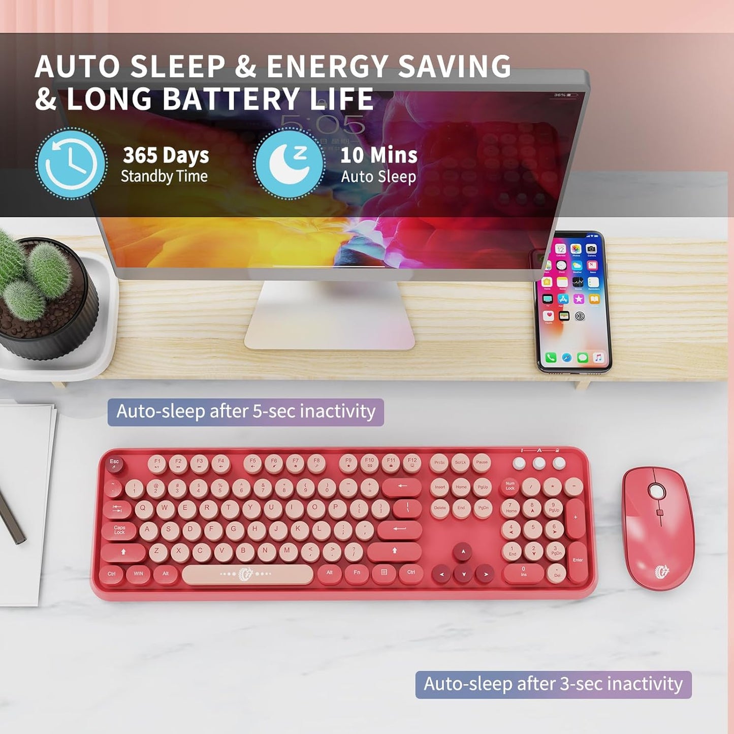 FD Wireless Keyboard and Mouse Combo | Cute Colorful Keyboard and Mouse with 2.4GHz Cordless Retro Typewriter Keyboard | Auto-Sleep | USB Receiver for Windows PC/Laptop - Pink Colorful