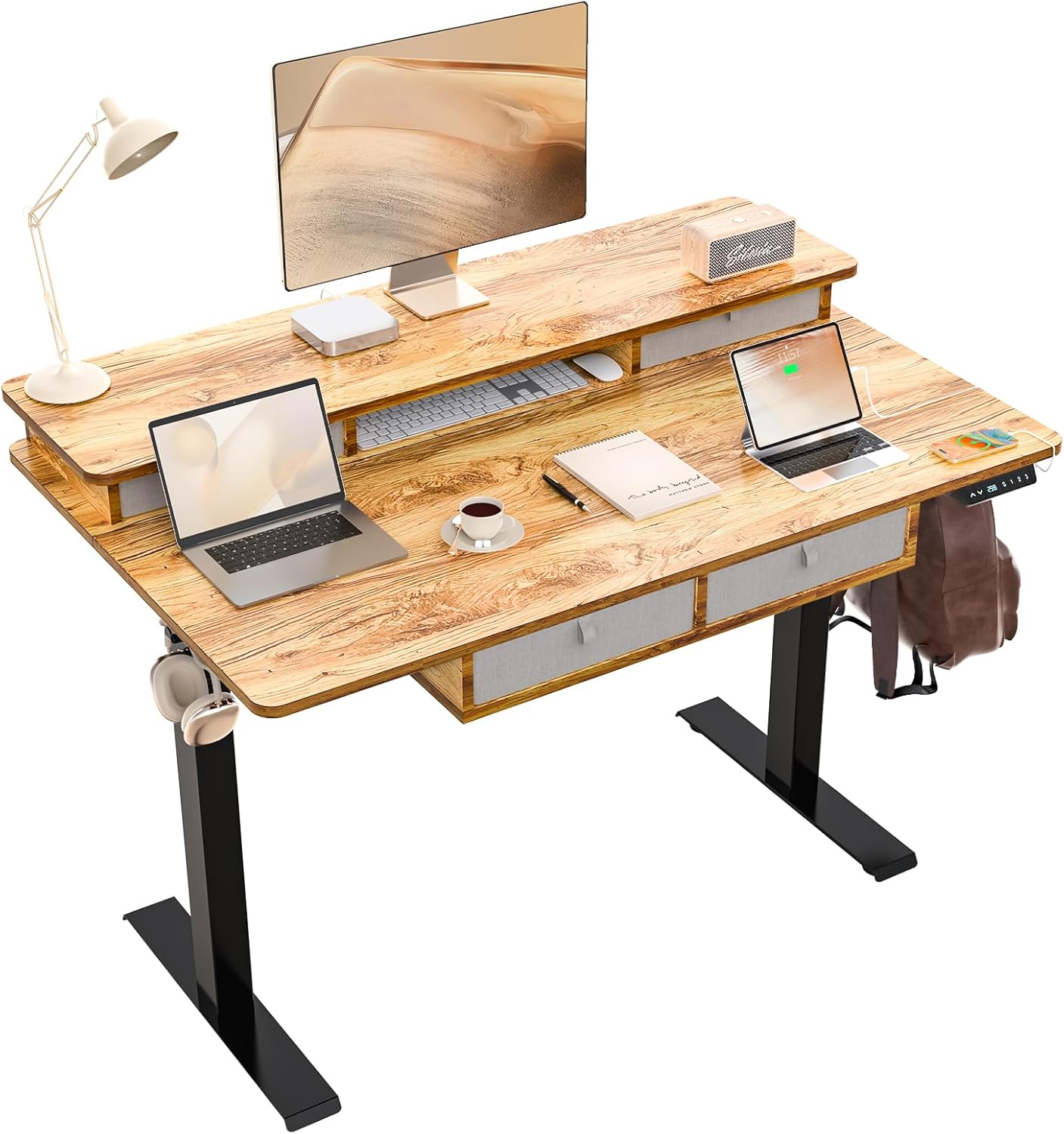 48 * 30 Inches Electric Standing Widened Desk Adjustable Height with 4 Drawers, Double Storage Shelves Stand Up Desk, Home Office Workstation Sit Stand up Desk (Light Rustic Brown)