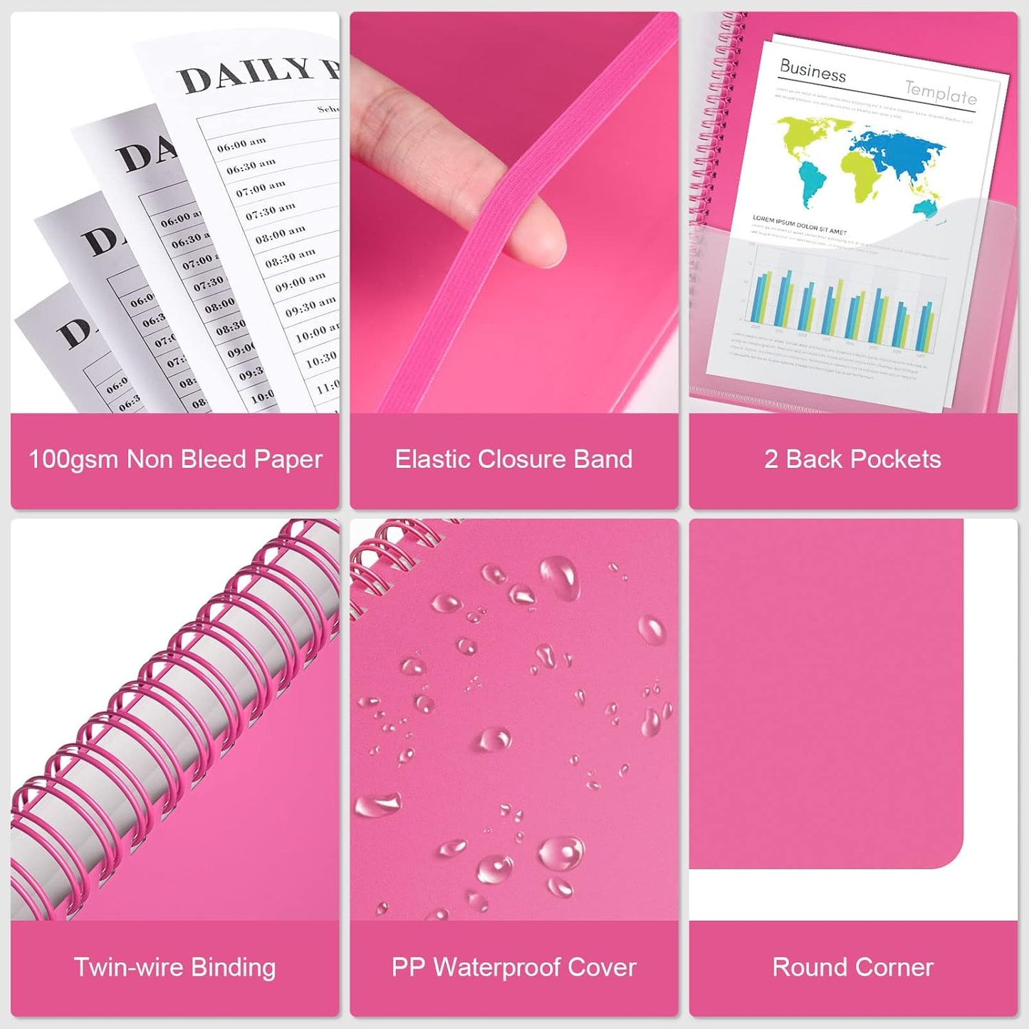 Planner Undated, Asten Daily Planner Agenda with to Do List, Hourly Schedules for Women and Men, Spiral Appointment Book with Elastic Closure, Inner Pocket 8.5" x 11" (Pink)