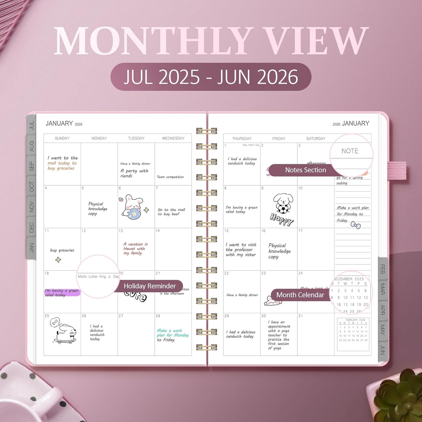 Planner 2025-2026 Weekly and Monthly, July 2025 - June 2026, Hardcover Spiral Bound with Tabs, Inner Pocket, A5 (6.3"x8.5") - Ideal for Teachers, Students & Professionals, Pink