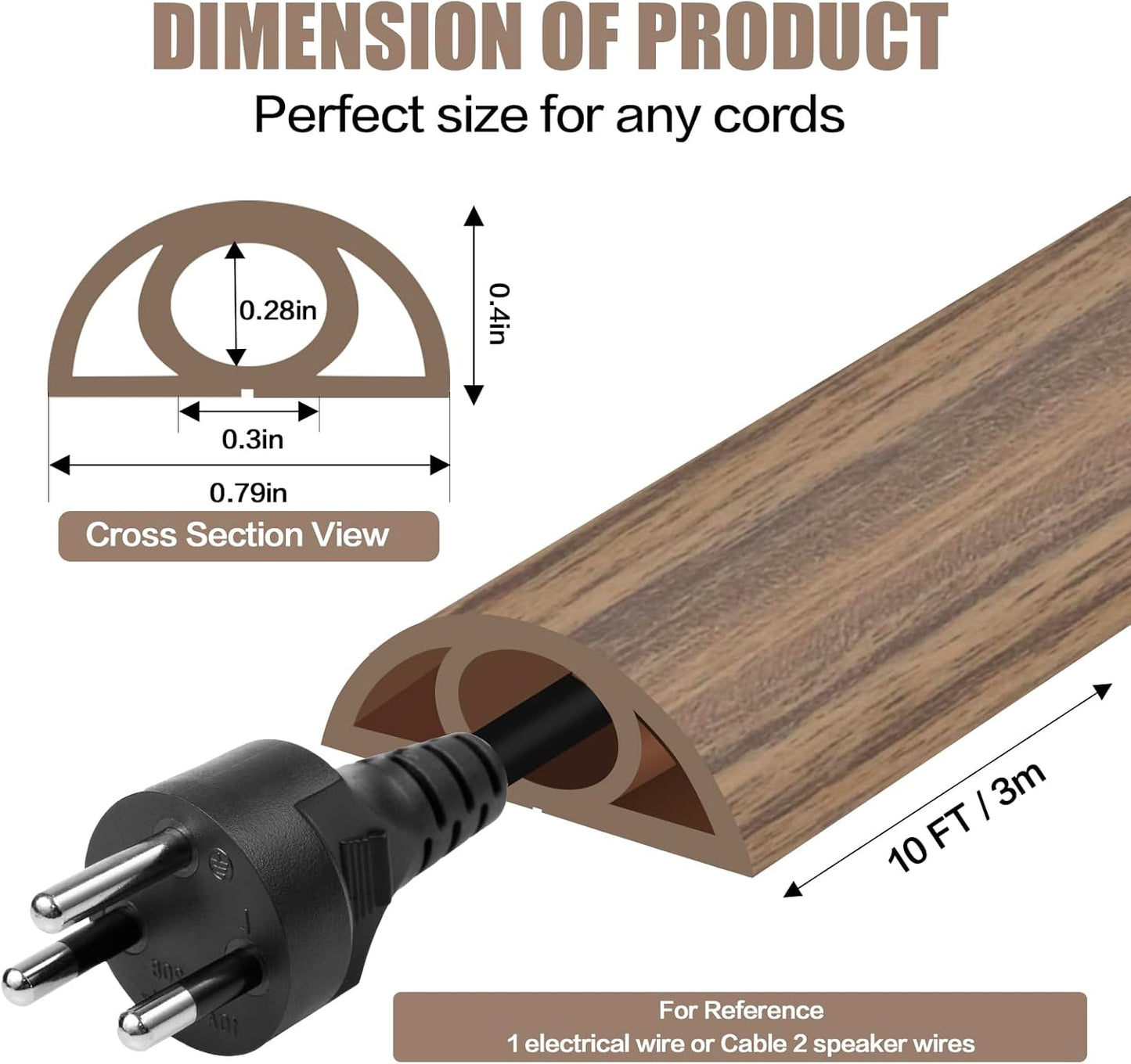 Floor Cord Cover Self Adhesive Cord Hider,10FT Cable Management, Extension Strip Protector for Wires, Prevent Cable Trips for Offices, Gyms, Exhibitions Cavity:0.3"(W) x0.28(H) Woodsmokedbrown