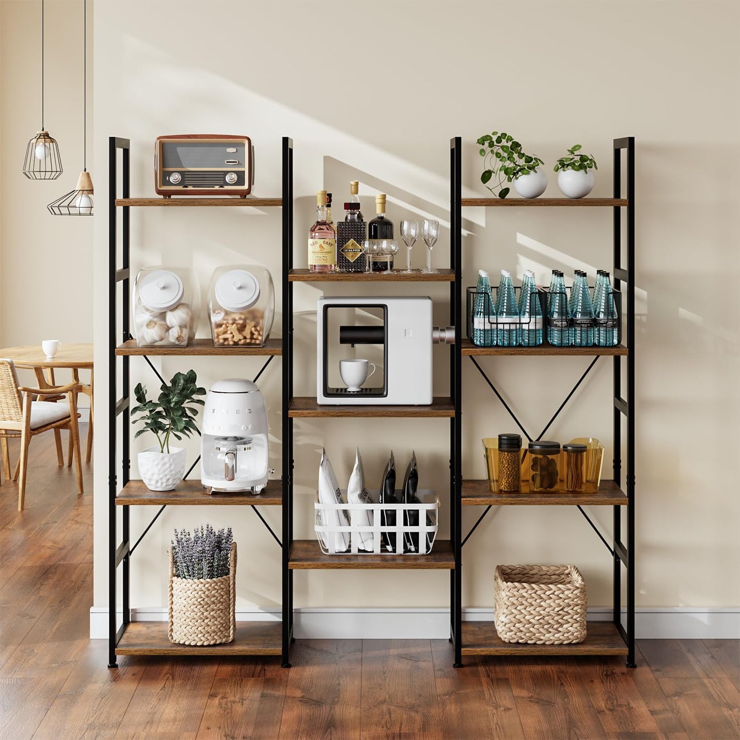 NUMENN Triple Column 4 Tier Bookshelf, Bookcase with 11 Open Display Shelves, Adjustable Rustic Industrial Style Book Shelves, Modern Bookshelves for Bedroom, Living Room and Home Office, Vintage