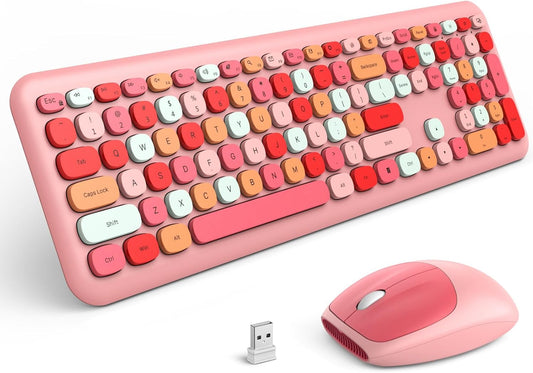 MOFII Wireless Keyboard and Mouse, Ergonomic Full Size Keyboard and Mouse Combo for Mac, Windows 7/8/10, Laptop, Desktop, PC, Computer (Pink Colorful)
