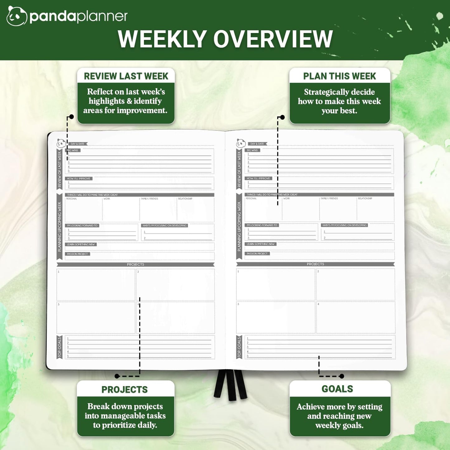 Panda Planner Pro 2025-2026 – Undated Productivity Planner with Daily, Weekly & Monthly Layouts – Large 8.5x11 Goal Tracker, Habit Planner, Time Management & Focus Organizer – Dark Green