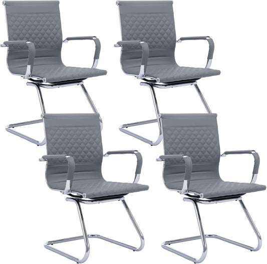 Office Guest Reception Chairs Set of 4 - Modern PU Leather Mid Back Conference Room Chairs for Waiting Room, Desk - Grey
