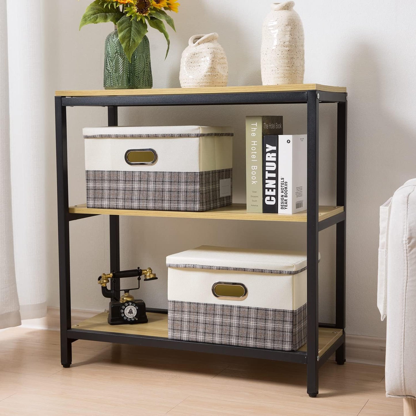 PRANDOM Collapsible Storage Bin with Lid [3-Pack] Fabric Foldable Storage Box Organizer Container Basket Cube with Cover for Home Bedroom Closet Office Nursery Gray plaid & Cream(14.9x9.8x9.8)