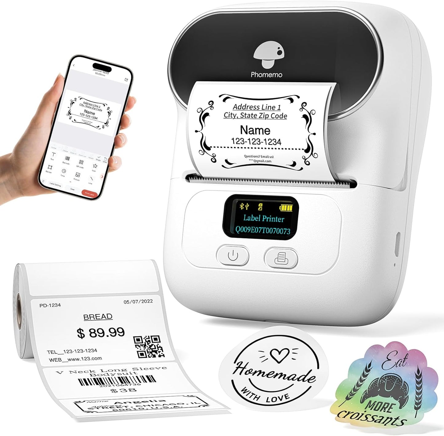 Phomemo Label Printer M110 Upgraded Label Maker Bluetooth No Ink Portable for Small Business, Address, Office, Home for Phone; for PC/Mac(USB), with 100 Labels, White