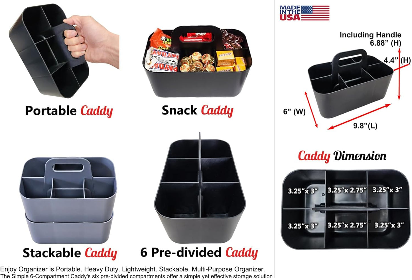 Small Stackable Plastic Caddy with Handle 6 Compartment | Desk, Makeup, Dorm Caddy, Classroom Art Organizers - 4 Pack, Made In USA (Mint/Ivory/Black/Gray)