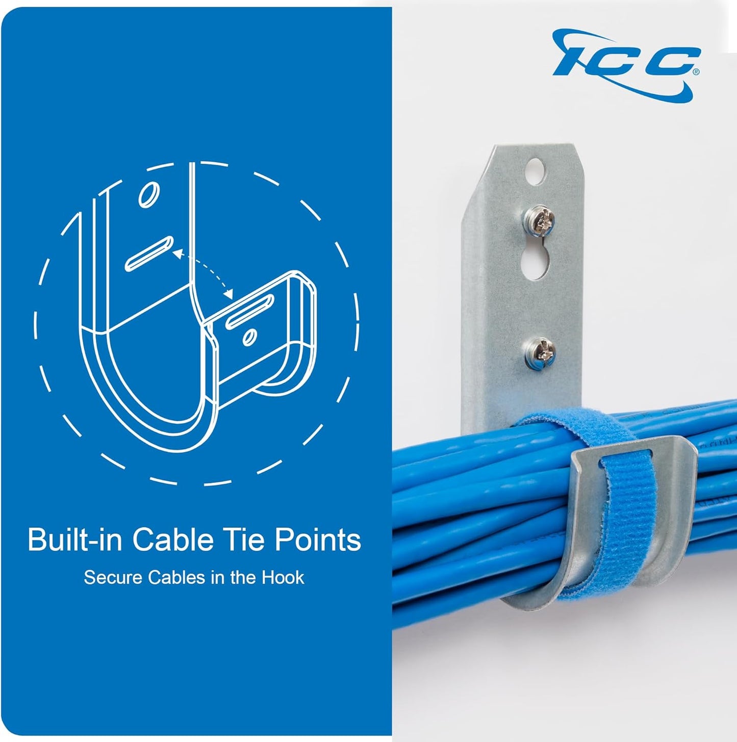 ICC 3/4-Inch Wall Mount J-Hook – 25-Pack, Cable Support Hooks Without Retainer Clips, Galvanized Steel with Zinc Finish – for Structured Cabling and Cable Management