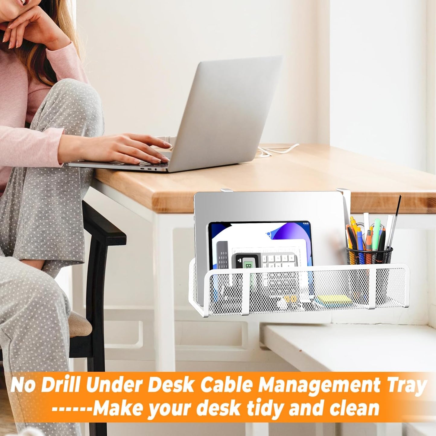 Under Desk Cable Management Tray, Wire Management Desk Cable Organizer Cable Management Box, Cord Organizer Under Desk Storage Cable Raceways for Office, Home - No Damage to Desk No Drill