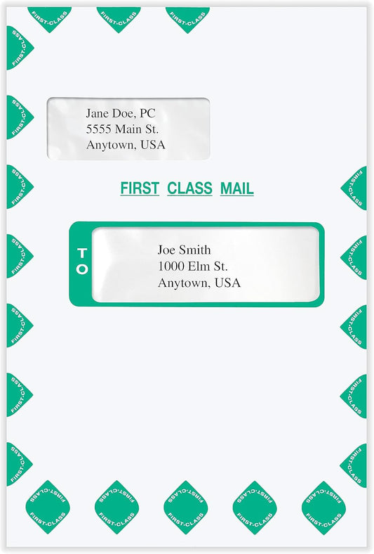 First Class Double Window Envelope | Tax Mailer, Tyvek Expandable, White/Green, Self-Seal, 8-13/16" x 13-1/2" x 2", Pack of 50