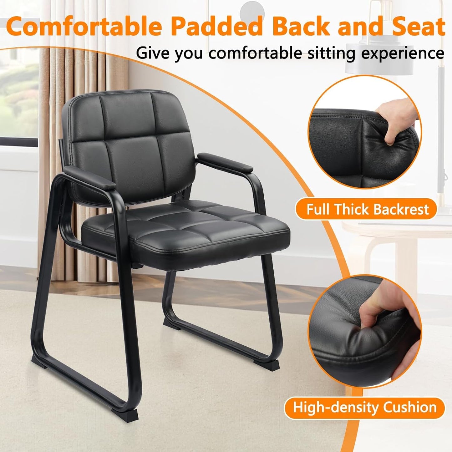 CLATINA Waiting Room Guest Chair with Bonded Leather Padded Arm Rest for Office Reception and Conference Desk Black with Sled Base 8 Pack