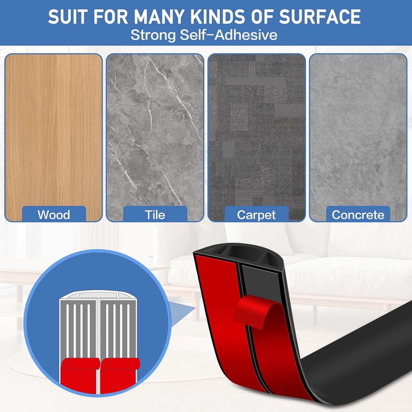 Floor Cord Cover Self Adhesive Cord Hider Floor Extension Cord Covers for Floor Power Cord Protector Cable Management Prevent Cable Trips Cable Cavity 0.51" W x 0.31" H (Black, 20Ft)