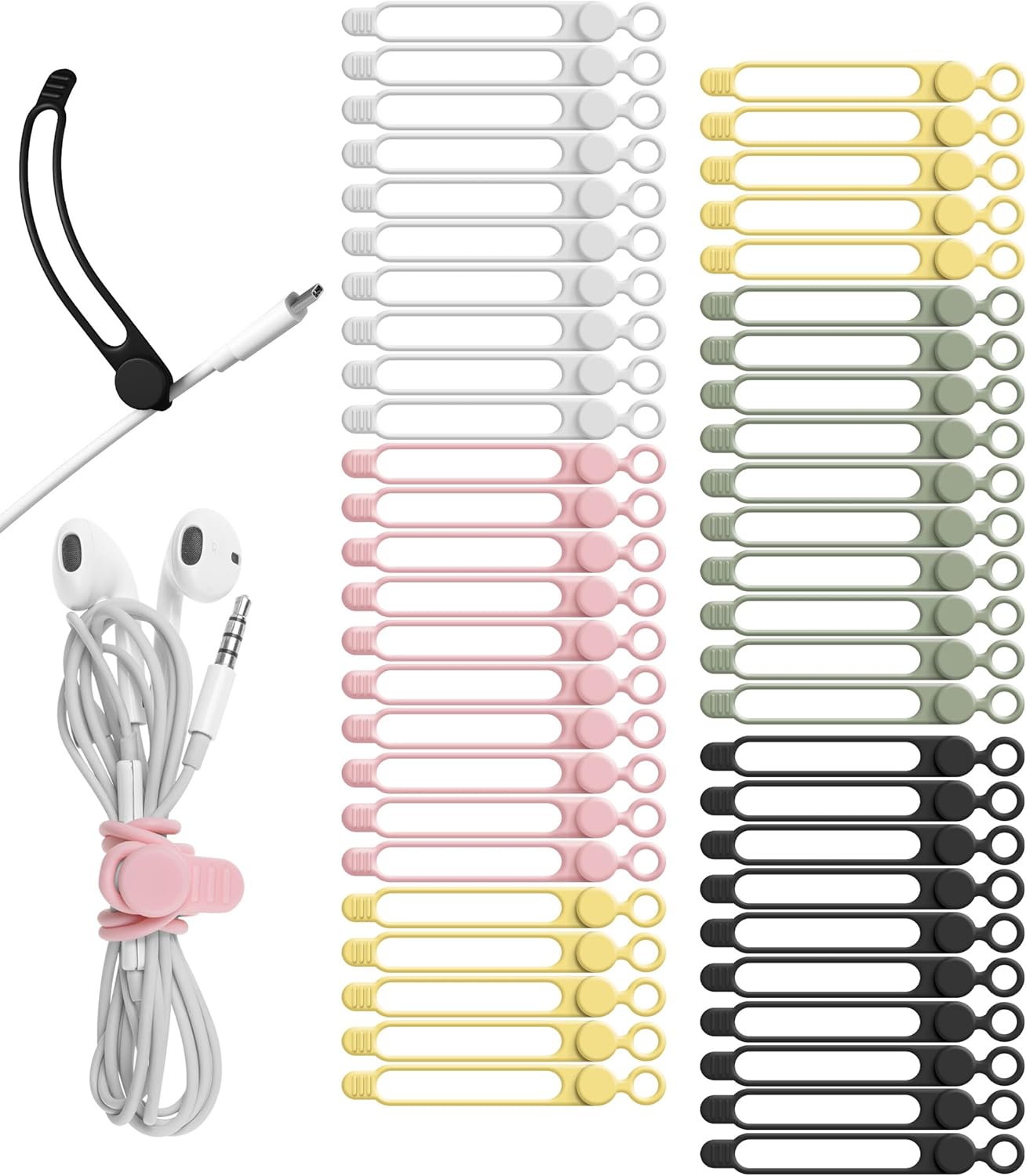 Nearockle 50Pcs Silicone Cable Ties Cord Organizer for Bundling Earphone, Phone Charger, Computer Cords, Reusable Cable Ties Wire Organizer in Home,Office,Kitchen,School (5 Colors)