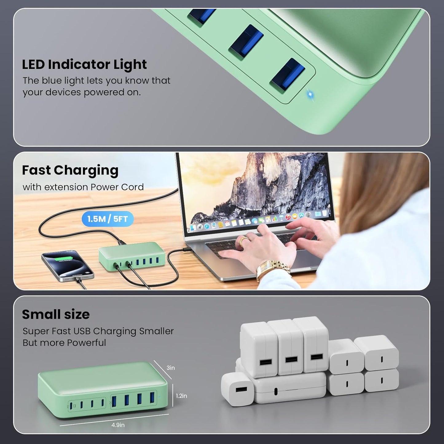 USB C Charger 200W USB C Charger Block GaN III 8-Port Fast Charging Station PD 65W Laptop Charger Adapter Compatible with MacBook Pro/Air,DELL,HP Surface,iPhone 15/14/13,Galaxy S23/22 (G)