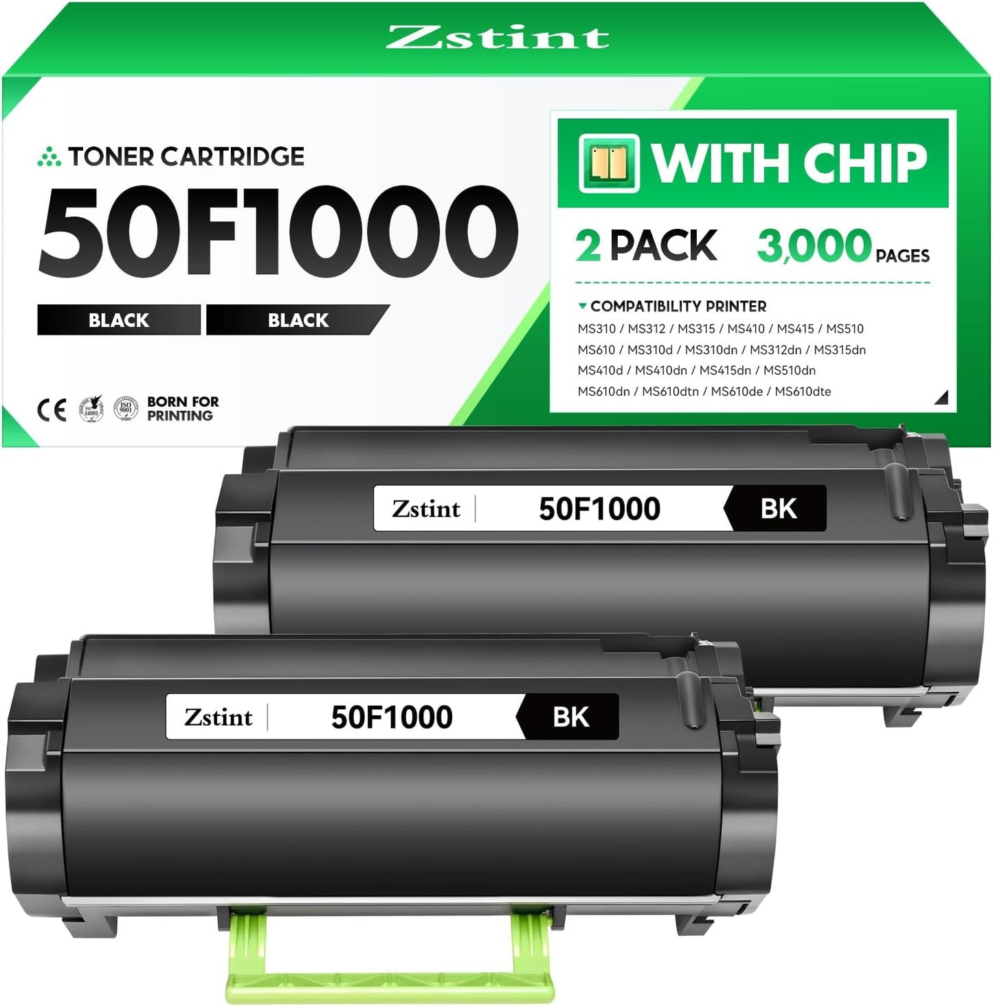 50F1000 Toner Cartridge with chip Black 2-Pack High Yield Replacement for Lexmark 50F1000 50F1H00 Toner Compatible with Lexmark MS310 MS312 MS315 MS410 MS415 MS510 MS610 Laser Printer dn d dtn de dte