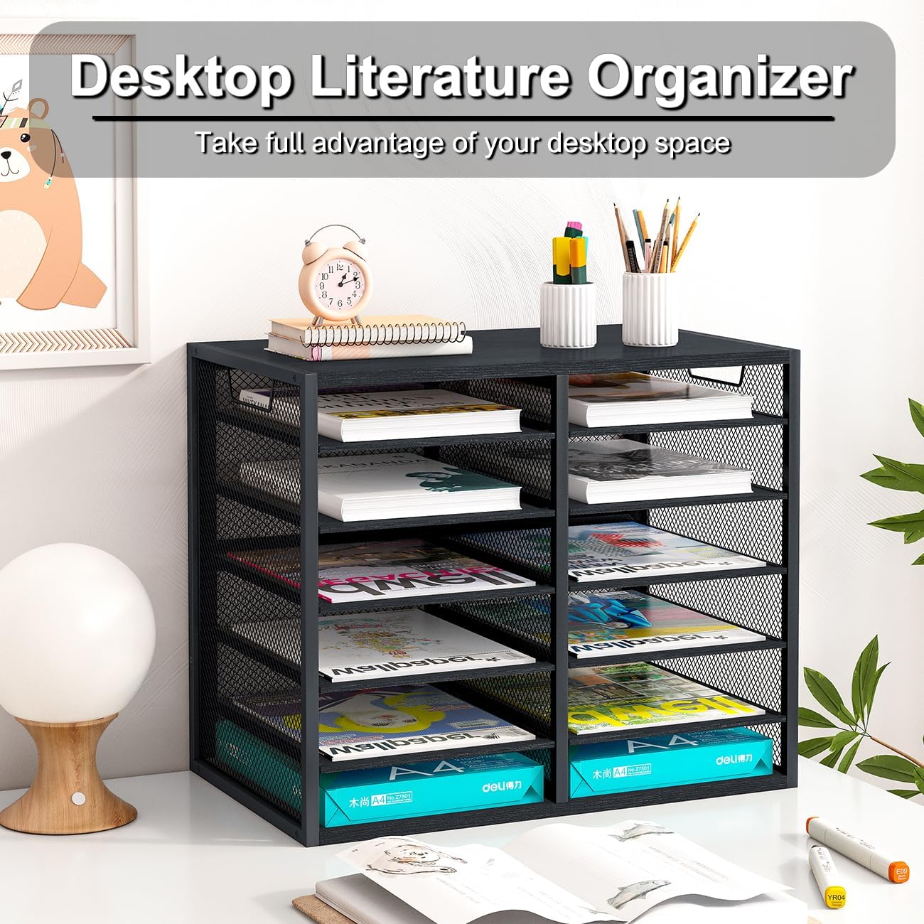 PAG Mass Mail Holder, Adjustable Countertop Literature Organizer, Student Mailbox, Desktop Bill Paper Organizer, 12 Compartments, Black