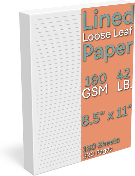 Lined Loose Leaf Paper, 160 GSM Thickness, 160 Sheets/320 Pages, Letter Size (8.5 x 11 inch), 7 mm College-Ruled Spacing, Note-Taking, Calligraphy, Binder Filling, Journaling, White, Unpunched Refill