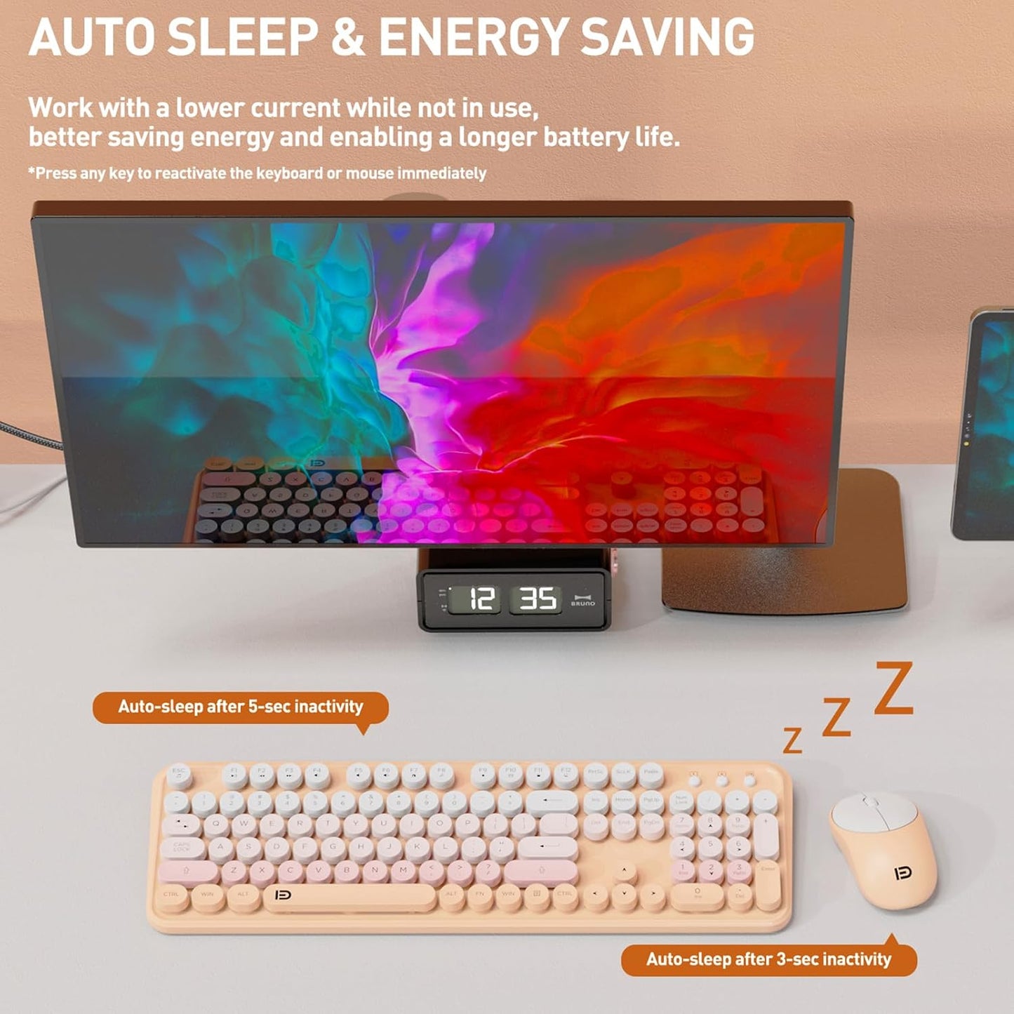 FD 2.4GHz Wireless Keyboard and Mouse Combo with Switch Button - Full-Size Keyboard - Compatible for Windows/Laptop/PC/Notebook/Smart TV and More - Light Pink Colorful