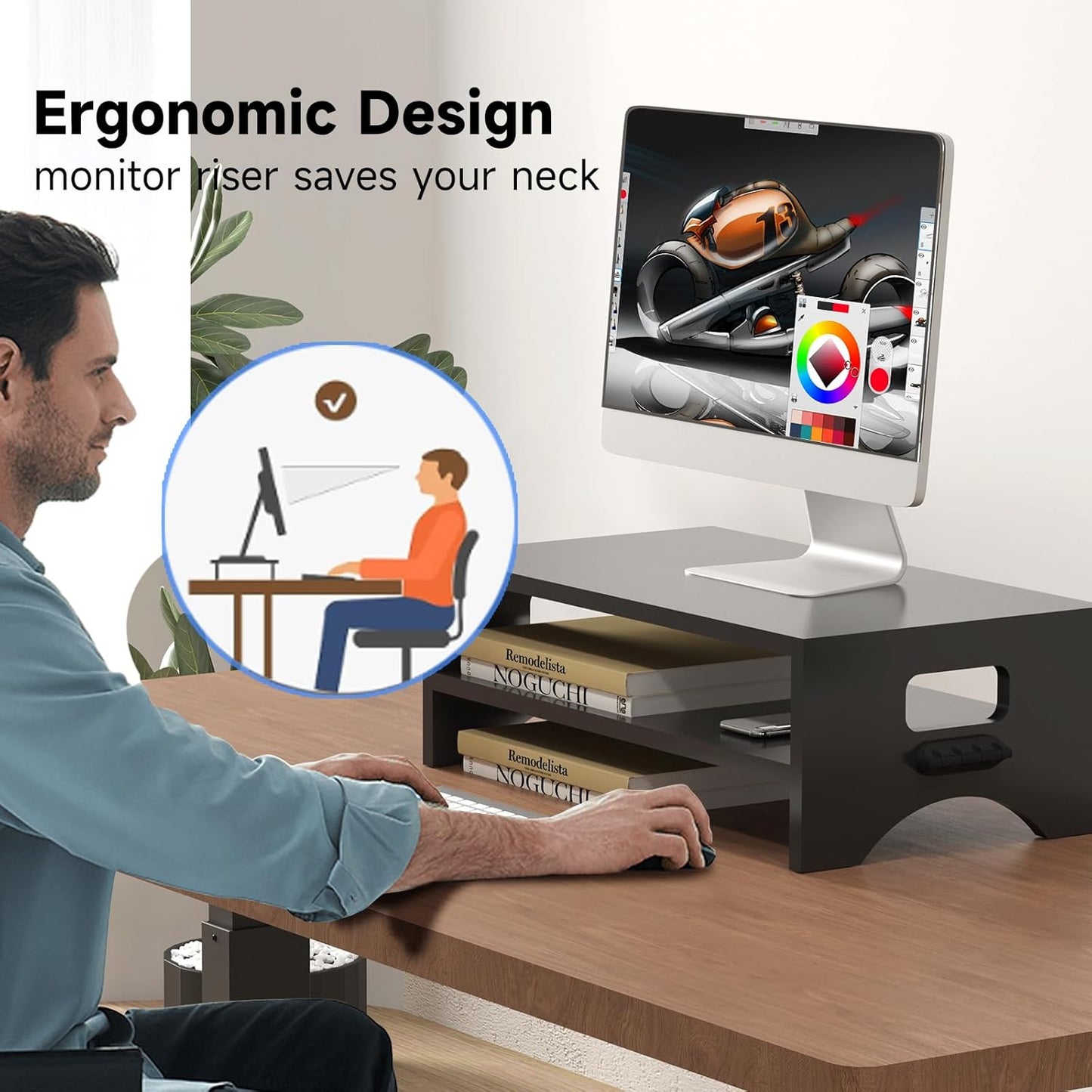 Pholiten Monitor Stand Riser, Desktop Stand, Computer Stand, Ergonomic Design, Two-Level Design, Desktop Organization, Keyboard Smartphone Storage, Printer Stand, Display Stand, 16.5 x 9.3 x 5.6